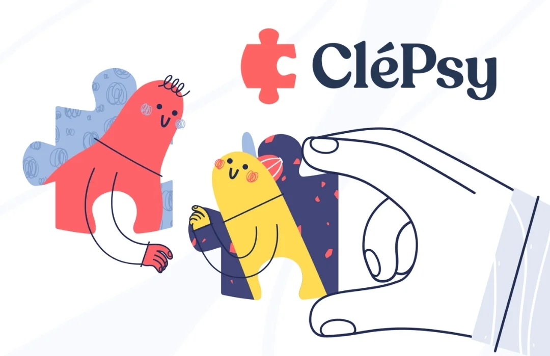 Illustration CléPsy : des personnages assemblent des pièces de puzzle